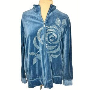 Zenergy By Chicos Blue Velour Full Zip Jacket With Sequin Rose Design Size 3